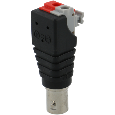 Conector adaptador de áudio preto com detalhes vermelho e cinza