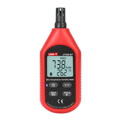 Medidor mini de temperatura e humidade vermelho e preto com ecrã digital e botões