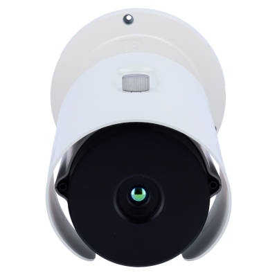 Câmara de vigilância branca e preta com lente central e base branca