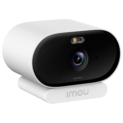 Câmara de vigilância branca com frente preta e lente preta