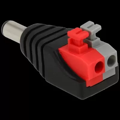Conector de áudio e vídeo preto com partes vermelha e cinza.