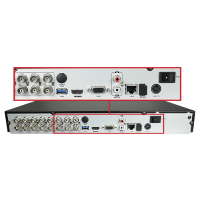 Gravador digital com múltiplas portas BNC, USB, HDMI, VGA, áudio, LAN, RS-485 e entrada 12V