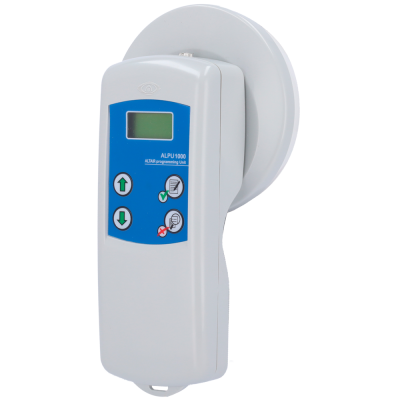 Dispositivo eletrônico branco com painel azul e visor LCD