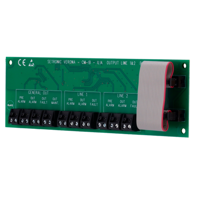 Placa eletrónica verde com conectores pretos e texto técnico