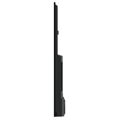 Televisor plano preto visto lateralmente com base