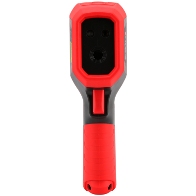Mediidor digital de temperatura tipo pistola vermelho e cinza com visor frontal preto