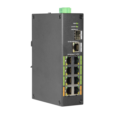 Comutador de rede industrial preto com várias portas Ethernet e indicadores LED