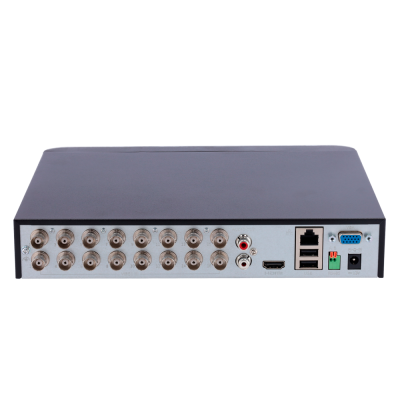 Dispositivo preto com múltiplas portas e conexões na parte traseira