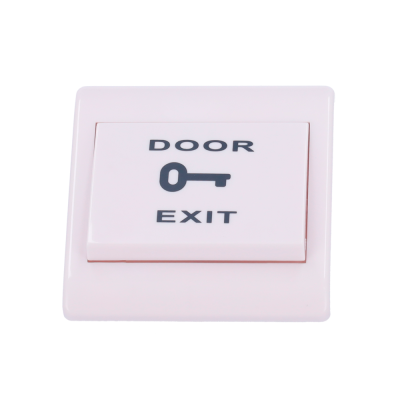 Interruptor branco de parede com texto 'DOOR' e 'EXIT' e ícone de chave preta