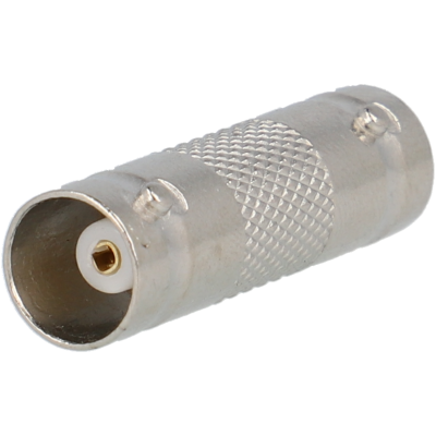 Conector coaxial metálico cilíndrico prateado com textura