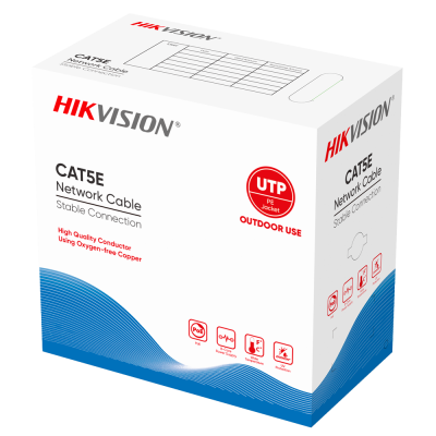 Caixa de cabo de rede CAT5E da HIKVISION, branco com azul e detalhes vermelhos