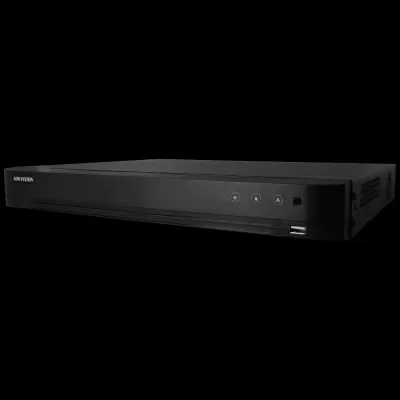 Gravador digital preto da marca HIKVISION com botões e porta USB