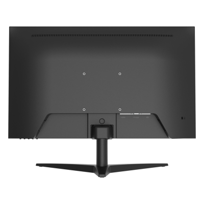 Monitor preto visto de trás com suporte em V e entradas HDMI, DP e áudio