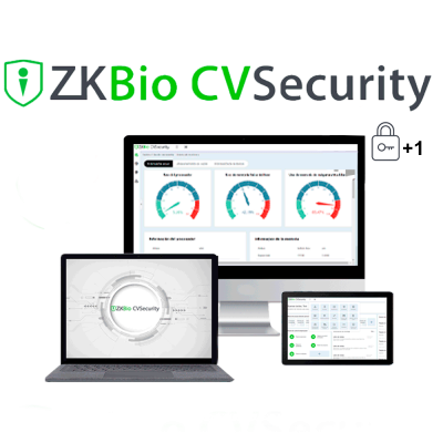 Software ZKBio CVSecurity com interfaces em vários dispositivos e ícone de porta com +5