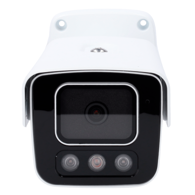 Câmara de vigilância branca com lente e sensores pretos