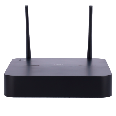 Dispositivo de rede preto com duas antenas verticais e logo UNV