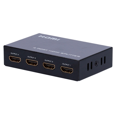 Divisor HDMI preto metálico com quatro portas e texto HDMI e 4 PORT HDMI SPLITTER