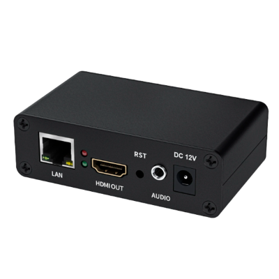 Dispositivo electrónico preto com portas LAN, HDMI OUT, RST, AUDIO e DC 12V