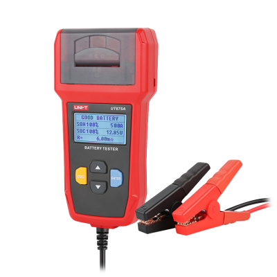 Testador de baterias digital com visor LCD e clipes preto e vermelho