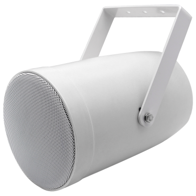 Coluna de som cilíndrica branca com suporte de metal para pendurar