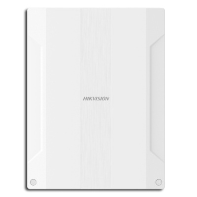 Antena branca quadrada da marca HIKVISION com textura central e dois círculos prateados nos cantos inferiores