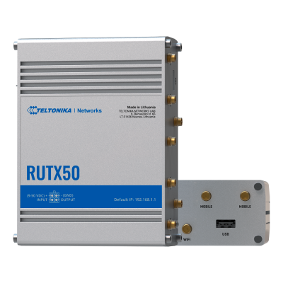 Roteador industrial Teltonika Networks RUTX50 cinza com conectores e etiquetas visíveis