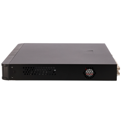 Dispositivo eletrónico preto retangular com grelha de ventilação hexagonal na lateral