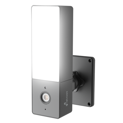 Câmara de segurança retangular preta e cinza com lente e suporte