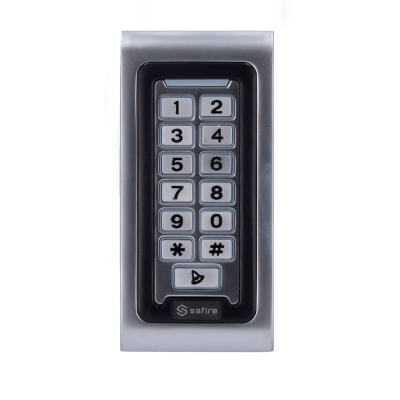 Teclado de segurança com números e símbolos em plástico cinza e preto