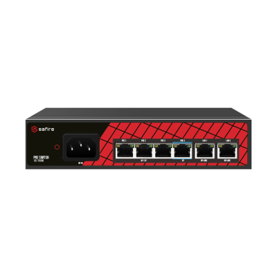 Switch de rede Safire com 4 portas Ethernet e 2 portas LAN em caixa preta e vermelha