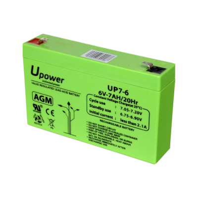 Bateria verde Upower chumbo-ácido 6V 7AH com texto técnico