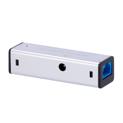 Conversor de mídia PoE prateado com porta USB azul e texto visível