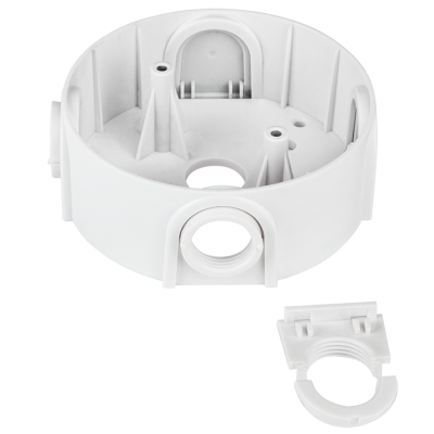 Caixa de montagem circular branca em plástico com uma peça desmontada