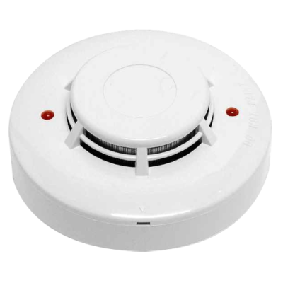 Detetor de fumo branco redondo com indicadores vermelhos.