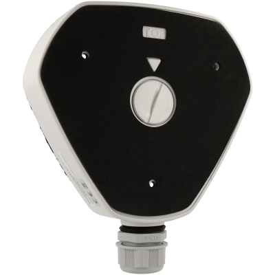 Interruptor elétrico de parede com base triangular preta e caixa branca