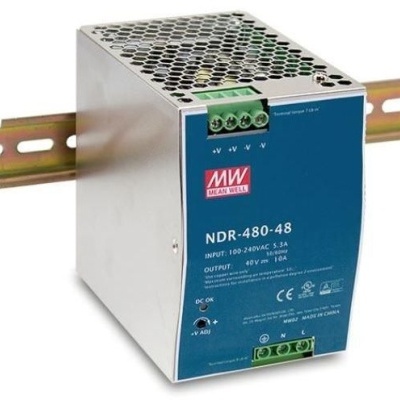 Fonte de alimentação Mean Well NDR-480-48 com caixa metálica prateada e painel azul