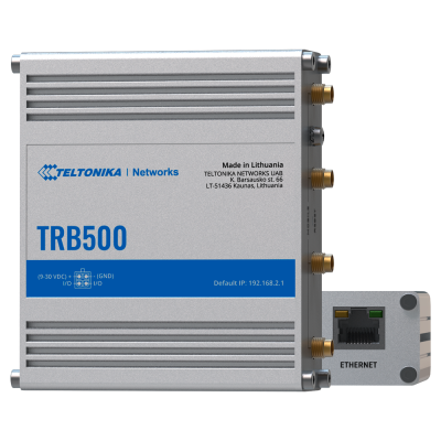 Rádio industrial Teltonika TRB500 cinzento com conetores dourados e texto azul e preto