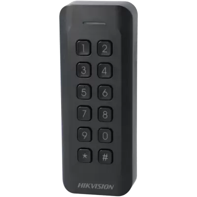 Leitor de teclado numérico preto com 12 botões e logo HIKVISION.