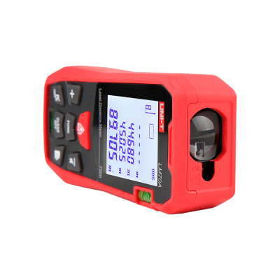 Medidor de distância a laser vermelho com visor digital e botões pretos, marca UNI-T.