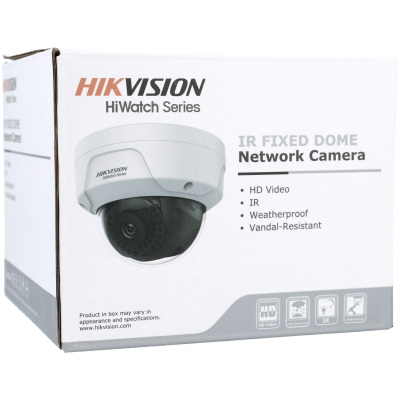 Caixa branca com imagem e texto da câmara de segurança HIKVISION HiWatch Series IR Fixed Dome Network Camera.
