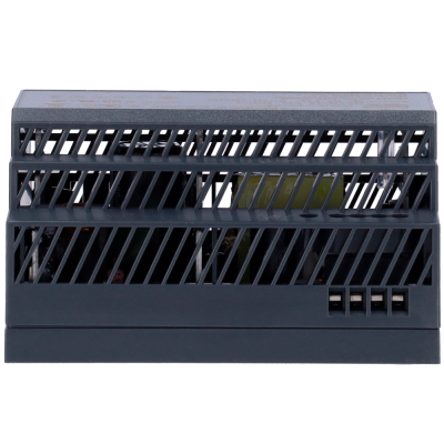 Fonte de alimentação preta com ventilação diagonal e conectores à direita