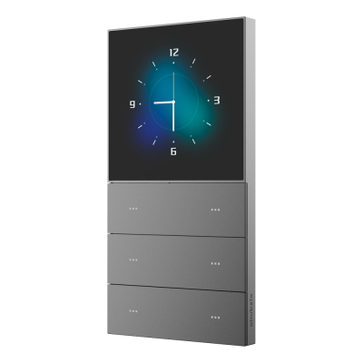 Relógio digital moderno cinzento com mostrador preto e ponteiros brancos