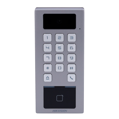 Intercomunicador HIKVISION prata com teclado numérico branco e leitor de cartão