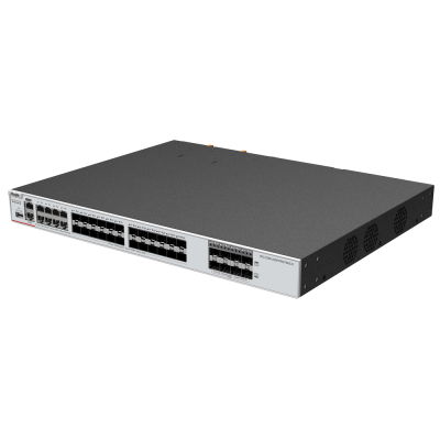 Switch de rede metálico cinzento com 48 portas Ethernet e ventoinhas laterais