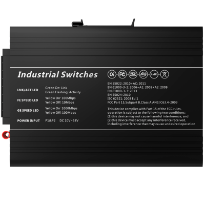 Switch industrial preto com texto branco e símbolos de certificação
