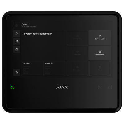 Painel de controlo eletrónico preto com ecrã digital e texto em inglês