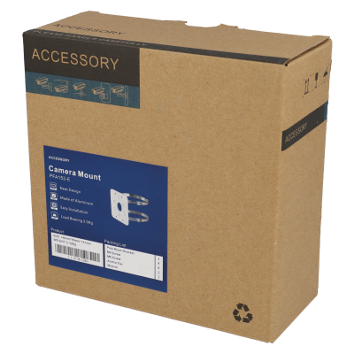 Caixa de cartão castanha com etiqueta azul de suporte de câmara