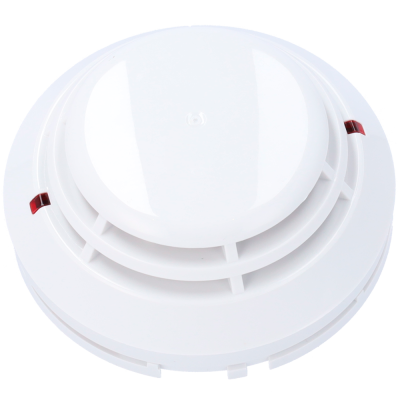 Detector de fumo branco redondo com janelas vermelhas