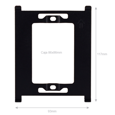 Suporte preto retangular de plástico com recorte central e texto 