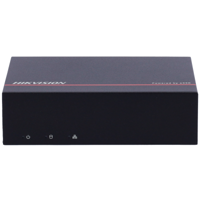 Aparelho eletrónico preto Hikvision com luzes indicadoras e texto Powered by eSSD